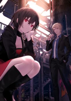 1girl 2boys black_choker black_footwear black_hair black_jacket black_pants blazer blue_eyes blue_shirt boots brown_hair cheek_rest choker cigarette closed_mouth collared_shirt commentary_request day dengeki_bunko dress expressionless graffiti hair_between_eyes hand_in_pocket hand_up highres holding indoors jacket knee_boots long_sleeves looking_at_viewer mad_bullet_underground mashima_saki_(mashimasa) multicolored_hair multiple_boys necktie official_art pants parted_lips red_dress red_eyes red_hair shirt short_hair sidelocks squatting stairs standing striped_clothes striped_shirt sunlight two-tone_hair warehouse white_neckwear wing_collar