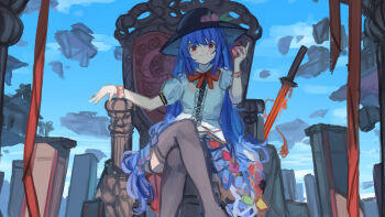 1girl absurdres black_thighhighs blue_hair blue_skirt blush bow bowtie closed_mouth cloud commentary_request crossed_legs food fruit hat highres hinanawi_tenshi holding holding_food holding_fruit long_hair looking_at_viewer peach peach_hat_ornament red_bow red_bowtie red_eyes shirt short_sleeves sitting sitting_on_throne skirt sky smile solo sword_of_hisou thighhighs touhou vanilla_flan very_long_hair white_shirt zettai_ryouiki