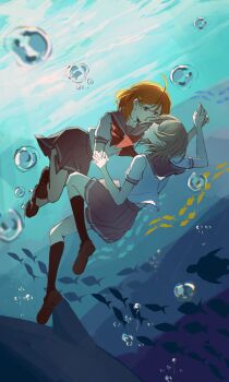 2girls absurdres ahoge air_bubble ajie_(changemyself) arm_up black_socks bow bowtie brown_hair brown_shoes bubble chinese_commentary closed_mouth commentary_request highres holding_hands interlocked_fingers kneehighs loafers love_live! love_live!_sunshine!! multiple_girls ocean orange_hair pink_sailor_collar pink_skirt pleated_skirt red_bow red_bowtie red_eyes sailor_collar school_of_fish shirt shoes short_hair short_sleeves silhouette skirt smile socks takami_chika underwater watanabe_you white_shirt yuri