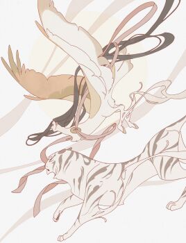 Rule 34 | 1girl, absurdly long hair, absurdres, animal, bird tail, bird wings, black eyes, black hair, brown tail, brown wings, closed mouth, full body, grey background, highres, hooves, human head, long hair, looking to the side, muted color, no arms, original, pink ribbon, ribbon, solo, sun, surie, tail, tiger, very long hair, wings