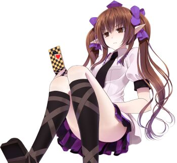 Rule 34 | 1girl, black necktie, black socks, breasts, brown eyes, brown hair, cellphone, checkered clothes, checkered skirt, closed mouth, collared shirt, commentary request, convenient leg, crote, fingernails, flip phone, foot out of frame, geta, hair ornament, hair ribbon, hand on own leg, hat, heart, highres, himekaidou hatate, holding, holding phone, kneehighs, large variant set, long hair, miniskirt, necktie, phone, pointy ears, puffy short sleeves, puffy sleeves, ribbon, sandals, shirt, short sleeves, skirt, socks, solo, tachi-e, tokin hat, touhou, transparent background, twintails, v-shaped eyebrows, variant set, white shirt