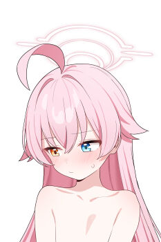 1girl absurdres blue_archive blue_eyes blush closed_mouth collarbone commentary_request flat_chest halo heterochromia highres hoshino_(blue_archive) loli long_hair nude pink_hair saho_4545 simple_background upper_body white_background white_halo yellow_eyes