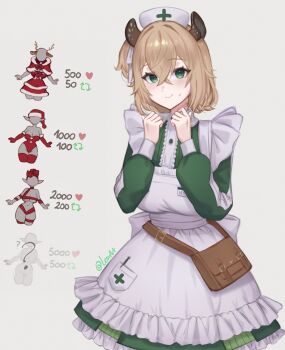 1girl absurdres apron bag brown_bag brown_hair closed_mouth commentary dress english_commentary green_dress green_eyes handbag highres indie_virtual_youtuber lesu looking_at_viewer maid maid_apron maid_headdress nimi_nightmare nimi_nightmare_(1st_costume) smile solo tail tapir_girl tapir_tail virtual_youtuber white_apron