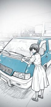 1girl braid cleaning dress highres kaoru_hana_wa_rin_to_saku long_hair mercedes-benz motor_vehicle non-web_source sketch van waguri_kaoruko white_dress