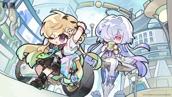 2girls aqua_necktie black_skirt black_socks blonde_hair charm_(object) chinese_commentary clang_bang_(wuthering_waves) commentary_request dress grey_hair hair_ornament hair_over_one_eye halo headphones headphones_around_neck highres holding jacket long_hair lynae_(wuthering_waves) mornye_(wuthering_waves) multicolored_hair multiple_girls necktie official_art one_eye_closed purple_dress purple_eyes red_eyes saucer_(saucer752) see-through_body shirt shirt_tucked_in sitting skirt skull_hair_ornament socks streaked_hair stretching very_long_hair white_jacket white_shirt wuthering_waves