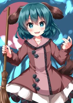 1girl animal_ears blush broom brown_dress brown_tail collarbone commentary_request cowboy_shot dress energy eyes_visible_through_hair foul_detective_satori frilled_dress frills ghost glowing glowing_eyes green_eyes green_hair hair_between_eyes highres holding holding_broom kasodani_kyouko long_sleeves looking_at_viewer medium_hair miyadeguchi_mizuchi open_mouth possessed ruu_(tksymkw) short_dress smile solo standing tail tail_raised teeth touhou upper_teeth_only