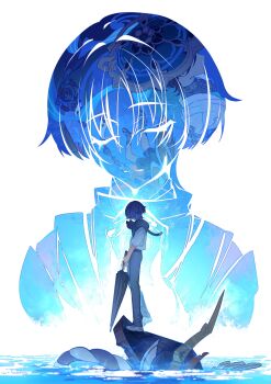 1boy absurdres alternate_costume alternate_universe anachronism animal animal_on_shoulder armor arms_at_sides belt black_belt black_bodysuit black_cat black_hair black_hat black_sandals black_shorts black_umbrella blue_hat blunt_ends bodysuit cat cat_on_shoulder commentary_request contemporary facing_away from_side genshin_impact gold grey_pants hat helmet highres holding holding_umbrella japanese_armor japanese_clothes jingasa kabuto_(helmet) kimono male_focus multicolored_hair nnikko pants purple_hair purple_rope red_hat rope sandals scaramouche_(genshin_impact) scaramouche_(kabukimono)_(genshin_impact) scaramouche_(shouki_no_kami)_(genshin_impact) school_uniform shimenawa shirt shoes short_sleeves shorts solo streaked_hair time_paradox turtleneck turtleneck_bodysuit two-tone_hat umbrella upside-down wanderer_(genshin_impact) water white_background white_kimono white_rope white_shirt white_shoes white_sleeves zouri