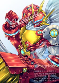 1boy armor belt blue_eyes cowboy_shot digimon digimon_(creature) helmet justimon justimon_x-antibody male_focus mechanical_arms red_armor red_helmet scarf simple_background solo takurai_(taqrider) watermark white_background white_scarf