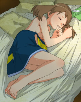 1girl amada barefoot bed bed_sheet breasts brown_hair closed_eyes feet female_focus full_body lying may_(pokemon) may_(pokemon_emerald) nintendo open_mouth pillow pokemon pokemon_emerald pokemon_rse sleeping solo sweat toes topless_female underboob