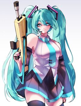 1girl absurdres aqua_eyes aqua_hair aqua_necktie black_thighhighs collar cropped_legs fortnite grey_background hatsune_miku highres looking_at_viewer luiicu miniskirt necktie skirt sleeveless solo thighhighs twintails voiceroid
