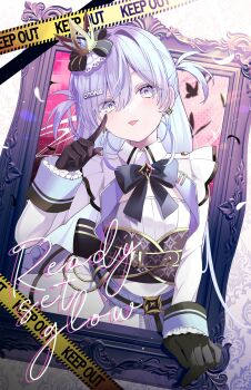 Rule 34 | 1girl, absurdres, auatuyoi, black gloves, blue eyes, blue hair, bow, bug, butterfly, caution tape, comiket 107, commentary request, corset, crown, dress, earrings, feathers, flat chest, frills, gloves, hair between eyes, hair ornament, hairclip, half updo, highres, insect, jewelry, long hair, picture frame, pointing, pointing at self, short twintails, tongue, tongue out, twintails, virtual youtuber, vspo!, white dress, yano kuromu