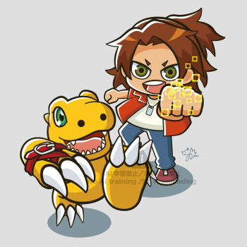 Rule 34 | 1boy, agumon (digimon savers), aura, blue pants, brown hair, chibi, clenched hands, commentary, commentary request, daimon masaru (digimon savers), denim, digimon, digimon savers, dinosaur, english commentary, full body, green eyes, grey background, jacket, medium hair, mixed-language commentary, open mouth, orange scales, pants, red jacket, sharp teeth, shirt, simple background, teeth, watermark, white shirt, yam retsu