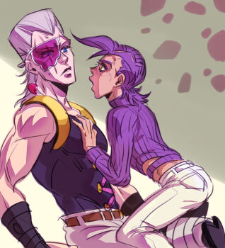 2boys anzumame earrings eyepatch flattop freckles grey_hair jean_pierre_polnareff jewelry jojo_no_kimyou_na_bouken multiple_boys purple_hair scar sweater vento_aureo vinegar_doppio