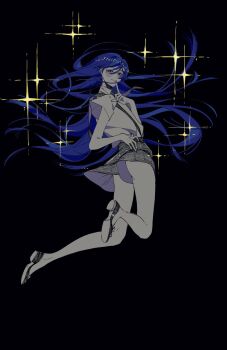 Rule 34 | 1other, androgynous, ass, bare legs, black background, black shoes, black shorts, blue hair, blue nails, commentary request, convenient censoring, convenient skirt, crystal hair, finger to mouth, floating hair, from behind, full body, gem uniform (houseki no kuni), hand on own hip, highres, houseki no kuni, index finger raised, jumping, lapis lazuli (houseki no kuni), long hair, looking at viewer, looking back, midair, nail polish, necktie, other focus, shiorondo, shirt, shoe soles, shoes, short sleeves, shorts, simple background, smile, solo, sparkle, suspender shorts, suspenders, twisted torso, very long hair, white shirt