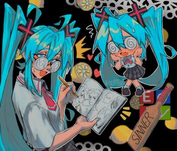 1girl absurdres alternate_costume black_shoes blue_eyes blue_hair blush book chibi chibi_inset coke-bottle_glasses collared_shirt food fruit fujoshi glasses hatsune_miku heart highres holding holding_book holding_pencil lemon lemon_slice long_hair looking_at_viewer multiple_views open_book open_mouth pencil plaid_clothes plaid_skirt pleated_skirt round_eyewear sainttufa school_uniform shirt shoes short_sleeves skirt sweat twintails vocaloid white_shirt