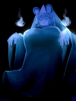 1girl :&lt; animal_ears black_background breasts closed_eyes closed_mouth colored_skin commentary_request cookie_(touhou) dated dress ghost_costume green_dress highres hitodama itini-sanshi large_breasts mouse_ears mouse_girl nazrin nyon_(cookie) short_hair solo touhou triangular_headpiece white_skin