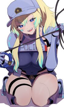 1girl aqua_hair blonde_hair blue_eyes breasts ceru_foxhound collar covered_navel eg_uhn facial_mark grey_hat hat highres holding holding_collar holding_leash kneeling leash mechanical_arms multicolored_hair open_mouth police police_uniform policewoman shadow smile solo star_(symbol) star_in_eye streaked_hair symbol_in_eye thigh_strap unworn_collar vallure virtual_youtuber