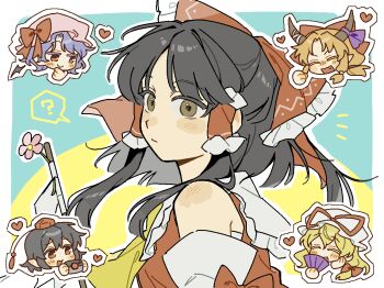 5girls ? ascot bat_wings blonde_hair blue_hair blush bow brown_eyes brown_hair brown_horns camera closed_eyes closed_mouth commentary_request detached_sleeves fang flower folding_fan frilled_bow frilled_hair_tubes frills gohei hair_bow hair_tubes hakurei_reimu hand_fan hand_on_own_face hat hat_bow hat_ribbon heart holding holding_camera holding_fan holding_gohei horns ibuki_suika long_hair mob_cap multiple_girls oni open_mouth orange_hair outline pink_flower pink_hat pointy_ears red_bow red_eyes red_hat red_ribbon remilia_scarlet ribbon sakic43899 shameimaru_aya smile spoken_question_mark tokin_hat touhou white_hat white_outline wings yakumo_yukari yellow_ascot yuri