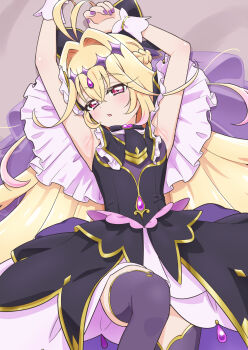 1girl :o antenna_hair armpits arms_up black_bow black_dress black_thighhighs blonde_hair blush bow braid brooch brown_background capelet commentary_request cowboy_shot crossed_bangs cure_arcana_shadow diamond_hairband dot_nose dress fingernails gradient_hair hair_between_eyes hair_bow hair_intakes heart heart_brooch highres jewelry layered_dress long_hair looking_at_viewer lying magical_girl meitantei_precure! moria_luluka multicolored_hair on_back open_mouth paid_reward_available pink_hair precure purple_eyes purple_nails purple_veil simple_background solo thighhighs tiler_(tiler00) veil white_wrist_cuffs wrist_cuffs