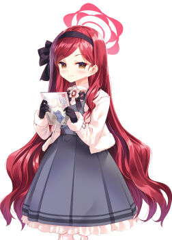 1girl arikawa_satoru blue_archive blush closed_mouth coat commentary_request frilled_skirt frills gloves halo hand_in_own_hair hands_in_own_hair headband highres holding holding_manga holding_own_hair long_hair looking_at_viewer manga_(object) red_hair ribbon school_uniform skirt smile solo takane_(blue_archive) very_long_hair white_background winter_clothes winter_coat winter_uniform yellow_eyes