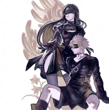 1boy 1girl 2b_(nier:automata) 2b_(nier:automata)_(cosplay) 9s_(nier:automata) 9s_(nier:automata)_(cosplay) black_choker black_dress black_gloves black_hair black_jacket black_shorts black_thighhighs blindfold blonde_hair choker cleavage_cutout closed_mouth clothing_cutout cloud_strife collarbone commentary_request cosplay dress feet_out_of_frame final_fantasy final_fantasy_vii final_fantasy_vii_remake flower gloves highres jacket long_hair nier:automata nier_(series) puffy_sleeves short_hair shorts side_slit sitting spiked_hair standing thighhighs tifa_lockhart tori_(labyrinth_fft)