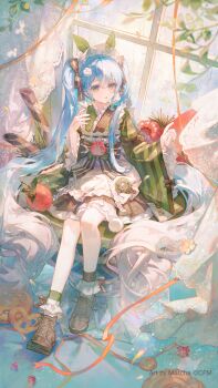 1girl absurdres apron black_skirt blue_eyes blue_hair commentary copyright_notice cracker curtains dessert donut flower food fruit full_body glass gradient_hair green_kimono green_nails green_socks hair_ornament hair_ribbon hatsune_miku highres japanese_clothes kimono lace_curtains leaf_hair_ornament long_hair maccha_(mochancc) maid maid_headdress mini_person minigirl multicolored_hair official_art orange_ribbon parted_lips plant pretzel raspberry ribbon shoes sitting skirt sneakers snowflake_print socks solo strawberry strawberry_slice striped_clothes striped_kimono twintails very_long_hair vocaloid wa_maid wafer_stick white_socks window yuki_miku