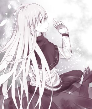 1boy 4others ambiguous_gender androgynous belt closed_mouth commentary_request fingerless_gloves from_behind gloves greyscale hand_up light_blush long_hair long_sleeves looking_at_viewer medium_eyebrows monochrome multiple_others pants shin_(highest1192) sidelocks sitting sitting_on_person smile solo thor_(toaru_majutsu_no_index) toaru_majutsu_no_index toaru_majutsu_no_index:_new_testament very_long_hair