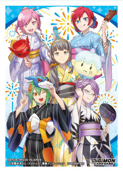 Rule 34 | 5girls, aegiomon, artist name, bag, bandai, birdramon, black kimono, blue eyes, blue kimono, blush stickers, bottle, breasts, card (medium), character mask, character name, commentary request, copyright name, cotton candy, digimon, digimon card game, digimon story: time stranger, digimon world re:digitize, double bun, fireworks, food, garudamon, glasses, green hair, grey eyes, grey hair, group picture, hair bun, hand fan, high ponytail, holding, holding bag, holding bottle, holding cotton candy, holding fan, holding food, holding mask, hououmon, ikayaki, japanese clothes, jyarimon, kimono, long hair, mask, mikagura mirei, misono inori, multiple girls, nakano haito, official art, one eye closed, open mouth, orange eyes, pink eyes, pink hair, piyomon, ponytail, purple eyes, purple hair, purple kimono, red hair, rindou akiho, shinomiya rina, shiramine nokia, short hair, simple background, smile, tongue, tongue out, trading card, translation request, two-tone kimono, v, v-mon, w, white background, white kimono, wide hips, yellow kimono, yukata