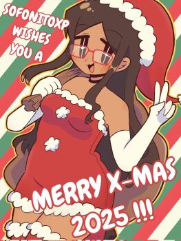 +_+ 1girl 2025 :3 artist_self-insert bare_shoulders black_eyes blush breasts brown_hair commentary corrupted_twitter_file dark-skinned_female dark_skin english_commentary english_text glasses gloves hat highres holding holding_sack long_hair looking_at_viewer medium_breasts merry_christmas open_mouth original rectangular_eyewear red-framed_eyewear red_hat sack santa_costume santa_hat sidelocks smile sofo_soup solo v white_gloves