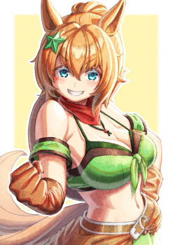 1girl bandana bare_shoulders belt bikini blue_eyes breasts brown_gloves cleavage clenched_hand commentary_request creape front-tie_bikini_top front-tie_top gloves green_bikini hair_ornament hand_on_own_hip hat_on_back highres horse_girl large_breasts navel pink_hair ponytail red_bandana solo star_(symbol) star_hair_ornament star_ornament stomach sweat swimsuit taiki_shuttle_(umamusume) taiki_shuttle_(wild_frontier)_(umamusume) toned umamusume upper_body white_background
