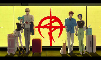 2boys 2girls airport amuro_ray aqua_hair bag blonde_hair blue_eyes blue_hair breasts brown_hair chan_agi char's_counterattack char_aznable commentary_request couple gundam gundam_hathaway's_flash high_heels highres holding holding_hands holding_suitcase jacket long_hair mobile_suit_gundam multiple_boys multiple_girls nvig00 open_mouth pants quess_paraya rolling_suitcase shirt shoes short_hair skirt smile suitcase sunglasses twintails