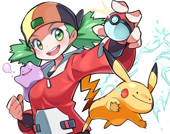 1girl :d backwards_hat baseball_cap bubble clenched_hand closed_mouth commentary_request copycat_(pokemon) cosplay ditto electricity ethan_(pokemon) ethan_(pokemon)_(cosplay) gen_1_pokemon glint green_eyes green_hair hat holding holding_poke_ball hyou_(hyouga617) long_sleeves nintendo on_shoulder open_mouth pikachu poke_ball poke_ball_(basic) pokemon pokemon_(creature) pokemon_on_shoulder pokemon_tcg red_shirt shirt short_hair simple_background smile teeth transformed_ditto twintails upper_teeth_only white_background