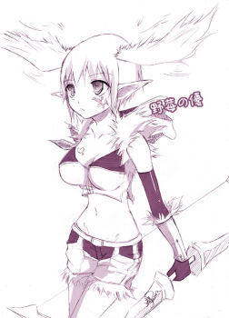 1girl bow_(weapon) breast_tattoo breasts cleavage closed_mouth commentary_request cowboy_shot crop_top expressionless fur-trimmed_gloves fur-trimmed_shirt fur-trimmed_shorts fur_trim gloves groin head_wings heart heart_tattoo holding holding_bow_(weapon) holding_weapon hpflower looking_afar medium_breasts midriff monochrome navel pointy_ears purple_theme ragnarok_online shirt short_hair shorts simple_background sleeveless sleeveless_shirt sniper_(ragnarok_online) solo tattoo translation_request weapon wings