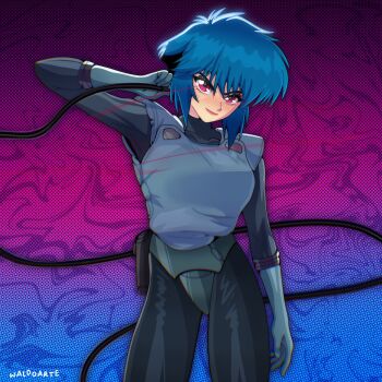 1girl arm_at_side arm_behind_head artist_name bikini bikini_bottom_only black_bodysuit blue_background blue_hair blush bob_cut body_armor bodysuit breasts cable closed_mouth commentary covered_collarbone cowboy_shot cyborg eye_trail eyelashes ghost_in_the_shell gloves gradient_background grey_gloves grey_vest hand_up highres holding holding_cable holster inverted_bob kusanagi_motoko large_breasts light_blush light_smile light_trail looking_at_viewer metal_bikini nose_blush pink_background pink_lips procreate_(medium) purple_background red_eyes romaji_commentary screentones serious short_hair short_hair_with_long_locks signature smug solo standing swimsuit swirl tactical_clothes thick_eyebrows thigh_gap v-shaped_eyebrows vest waldo_(waldoarte)