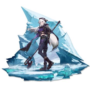 1girl animal_ears arknights arms_behind_back axe beanie belt_pouch black_boots black_gloves black_hat black_jacket black_pants boots breasts crop_top ears_through_headwear fingerless_gloves fox_ears fox_girl fox_tail from_side frostleaf_(arknights) frostleaf_(breaking_the_ice)_(arknights) full_body gloves grey_hair hair_between_eyes halberd hat highres holding holding_axe holding_polearm holding_weapon ice jacket long_hair long_sleeves looking_at_viewer medium_breasts midriff official_alternate_costume official_art open_clothes open_jacket pants polearm pouch purple_scarf purple_shirt red_eyes scarf shirt simple_background solo standing tail thigh_pouch thigh_strap transparent_background weapon white_hair xiayehongming