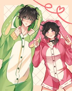 1boy 1girl adjusting_hood alternate_costume andrew_graves animal_hood ashley_graves bags_under_eyes black_choker black_hair blush border brother_and_sister choker cosplay cowboy_shot dotted_line felichiii green_eyes green_hood grid_background hair_between_eyes hair_through_hood hands_up highres holding_ears hood hood_up kigurumi long_hair long_sleeves low_side_ponytail messy_hair onesie orange_border outside_border parted_bangs pendant_choker pink_eyes pink_hood rabbit_hood short_hair shorts siblings the_coffin_of_andy_and_leyley twitter_username