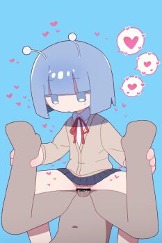 1boy 1girl alien andromedako animated animated_gif antennae bar_censor black_skirt blue_background blue_eyes blue_hair bob_cut censored closed_mouth collared_shirt cowgirl_position cum ejaculation expressionless grabbing_another's_leg heart hetero highres jacket jitome loli miniskirt navel nayutalien nayutan_sei_kara_no_buttai orange_jacket penis pleated_skirt pov red_ribbon ribbon sample_watermark sex shirt short_hair skirt speech_bubble spoken_heart spread_legs straddling toumei_tou veins veiny_penis watermark x-ray