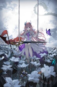 1girl absurdres bare_shoulders breasts bug butterfly commentary_request cyrene_(honkai:_star_rail) cyrene_(ripples_of_past_reverie)_(honkai:_star_rail) diamond-shaped_pupils diamond_(shape) dress field flower flower_field hair_flower hair_ornament highres honkai:_star_rail honkai_(series) insect large_breasts long_hair looking_at_viewer on_swing outdoors pink_hair pointy_ears purple_eyes smile solo swing sword symbol-shaped_pupils very_long_hair weapon white_dress wira
