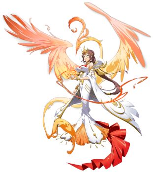 1girl absurdres armlet ashemar_(langrisser) bare_shoulders beak bird bracelet braid breasts brown_hair bun_with_braided_base cape clothing_cutout dress feathered_wings feathers fiery_wings fire floating_clothes floating_hair full_body game_cg gold_armlet gold_bracelet gold_collar gold_diadem gold_tiara gold_trim gown green_eyes hair_bun hair_ornament highres jewelry langrisser langrisser_mobile large_breasts layered_dress long_dress long_hair looking_at_viewer low-tied_long_hair magic off-shoulder_dress off_shoulder official_alternate_costume official_art parted_lips phoenix pyrokinesis second-party_source simple_background single_hair_bun smile solo_focus standing stomach_cutout tachi-e tiara transparent_background very_long_hair white_cape white_dress wings