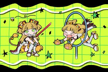 1girl animal_hands blonde_hair blush_stickers bone boots closed_eyes fangs full_body gloves green_eyes idolmaster idolmaster_cinderella_girls jougasaki_rika jumping lion_paw lion_tail long_hair multiple_views open_mouth paw_gloves smile squatting tail thigh_boots yoshida_(yoyoyo_043)