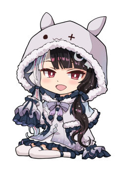 1girl animal_hood black_hair black_shoes blush bright_pupils capelet chibi chibi_only commentary_request dress frilled_dress frills full_body fur-trimmed_capelet fur_trim grey_dress grey_hair haniwa_(leaf_garden) highres hood hood_up layered_dress long_hair long_sleeves looking_at_viewer low_twintails multicolored_hair nijisanji official_alternate_costume official_alternate_hairstyle open_mouth pink_streaks rabbit_hood red_eyes shoes simple_background sleeves_past_fingers sleeves_past_wrists solo split-color_hair streaked_hair thighhighs tsurime twintails two-tone_hair virtual_youtuber white_background white_capelet white_dress white_pupils white_thighhighs yorumi_rena yorumi_rena_(3rd_costume)