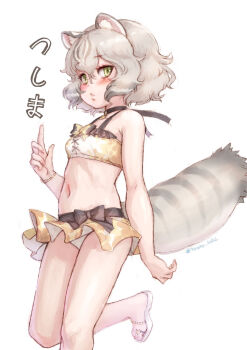Rule 34 | 1girl, animal ears, bikini, blush, cat ears, cat girl, cat tail, choker, commentary request, extra ears, green eyes, grey hair, highres, kemono friends, kemono friends 3, kosai takayuki, looking at viewer, navel, ribbon, sandals, short hair, simple background, solo, swimsuit, tail, tsushima leopard cat (kemono friends), yellow bikini