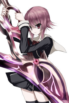 1girl absurdres black_dress black_jacket black_shirt black_skirt black_thighhighs bow chaos;child closed_mouth cropped_jacket d-sword dress hekiho_academy_school_uniform highres holding holding_sword holding_weapon jacket kasukasugom1 long_sleeves looking_at_viewer onoe_serika pink_eyes purple_hair red_bow sailor_collar sailor_shirt school_uniform science_adventure shirt short_hair sidelocks simple_background skirt solo spoilers sword thighhighs weapon white_background white_sailor_collar