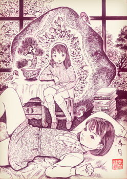 2girls animal bed belt bird blush bonsai book bookshelf chair cherry_blossoms crystal dress floral_print flower footwear_flower fractal_underground_studio geode hairband kneehighs long_hair long_sleeves looking_at_viewer lying monochrome multiple_girls on_bed original plant potted_plant print_dress rock shirt short_hair sitting skirt sky sleeveless sleeveless_dress slippers socks sparrow sweater table tablecloth traditional_media tree