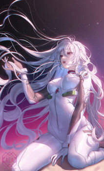1girl artist_name ayanami_rei blue_hair breasts commentary_request evangelion:_3.0+1.0_thrice_upon_a_time hair_between_eyes hand_in_own_hair highres lips long_hair love_cacao mecha_pilot_suit medium_breasts neon_genesis_evangelion plugsuit_(evangelion) rebuild_of_evangelion red_eyes sitting solo very_long_hair