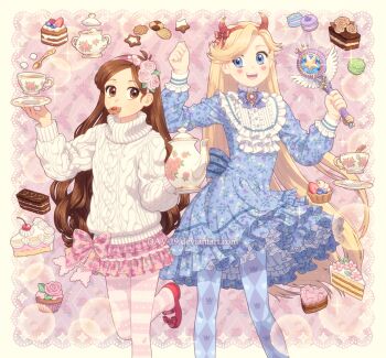 2girls :d animification aran_sweater back_bow blonde_hair blue_dress blue_eyes blue_legwear bow brown_eyes brown_hair cable_knit cake cake_slice checkerboard_cookie cherry chocolate_cake commentary cookie crossover crown_print cup cupcake dav-19 dessert diamond_(shape) dress english_commentary facial_mark fake_horns feet_out_of_frame flat_chest floating floating_object floral_print flower food food_in_mouth frilled_dress frilled_sleeves frills fruit gravity_falls hair_flower hair_ornament hairband hands_up heart heart-shaped_cake heart-shaped_food heart_cheeks holding holding_saucer horn_hairband horned_headwear horns layered_skirt legs_apart levitation lolita_fashion long_hair long_sleeves looking_at_viewer mabel_pines macaron mary_janes miniskirt mouth_hold multiple_girls open_mouth outside_border pantyhose petticoat pink_background pink_bow pink_flower pink_skirt plaid_clothes plaid_skirt plate print_bow print_dress print_skirt red_footwear saucer shoes skirt smile sparkle spoon star_(symbol) star_butterfly star_vs_the_forces_of_evil star_wand striped_clothes striped_legwear striped_pantyhose sugar_cube sweater sweet_lolita sweets tart_(food) tea tea_set teacup teapot turtleneck turtleneck_sweater very_long_hair wand watermark web_address white_sweater winged_wand