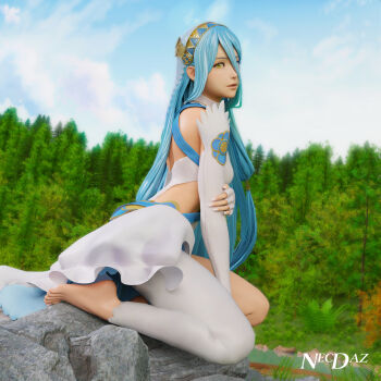 1girl 3d absurdres aqua_hair artist_name asymmetrical_clothes azura_(fire_emblem) bare_shoulders barefoot blue_hair blue_sky breasts cloud cloudy_sky day elbow_gloves eyelashes feet fingerless_gloves fire_emblem fire_emblem_fates from_side gloves gold_trim gradient_hair hair_between_eyes hand_on_own_arm highres legs long_hair looking_at_viewer multicolored_hair necdaz91 nintendo outdoors parted_lips seiza sidelocks single_pantsleg sitting sky small_breasts solo toenails toes veil very_long_hair white_gloves yellow_eyes