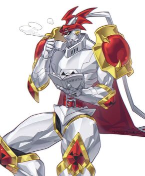 Rule 34 | armor, book, cape, confeito000 333, cup, digimoji, digimon, digimon (creature), digimon tamers, dukemon, full body, helmet, highres, holding, holding cup, horns, knight, male focus, no humans, red cape, shoulder armor, simple background, solo, white armor, white helmet, wings, yellow eyes
