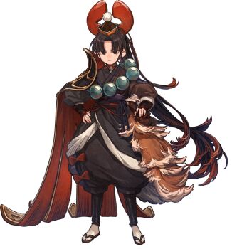 1girl armor artist_request bag bandai_namco beads black_armor black_eyes black_hair black_kimono black_leggings black_pants black_sleeves blunt_bangs bow brown_fur brown_sandals cape closed_mouth full_body hand_on_own_hip hat headwear_request highres holding holding_bag holding_kinchaku impasto japanese_armor japanese_clothes kimono kinchaku kote kurokote leggings legs_apart long_hair long_sleeves looking_at_viewer multicolored_hair obi obiage official_art pants parted_bangs pauldrons pom_pom_(clothes) pom_pom_hat_ornament pouch puffy_pants red_bag red_bow red_hair red_hat red_sash rekka_(towa_and_the_guardians_of_the_sacred_tree) sandals sash second-party_source shoulder_armor simple_background single_pauldron single_shoulder_pad socks solo split_mouth straight_hair string_bra tabi tachi-e towa_and_the_guardians_of_the_sacred_tree transparent_background tsurime two-sided_cape two-sided_fabric two-tone_hair very_long_hair white_socks zouri