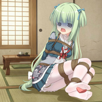 1girl @_@ absurdres aqua_bow architecture arms_behind_back bdsm blunt_bangs blunt_ends bondage bound bound_arms bound_legs bound_thighs bound_torso bow bowtie breasts chinese_commentary closed_eyes commentary commission crotch_rope cushion disembodied_tongue east_asian_architecture eyes_visible_through_hair feathers feet frilled_skirt frills full_body furrowed_brow green_hair green_jacket green_serafuku green_skirt hair_bow highres hime_cut indoors jacket laughing legs legs_together licking licking_foot long_hair long_sleeves looking_at_viewer low-tied_long_hair meitoku miniskirt murasame_(senren) no_shoes official_alternate_costume on_floor open_clothes open_jacket open_mouth panties panties_under_pantyhose pantyhose pleated_skirt red_bow red_bowtie rope sailor_collar scared school_uniform second-party_source senren_banka serafuku shaded_face shadow shibari shibari_over_clothes shirt sidelocks sitting skirt small_breasts soles solo story_in_commentary straight_hair table tatami tearing_up thighs toes tongue two_side_up underwear variant_set very_long_hair wavy_mouth white_bow white_feathers white_pantyhose white_sailor_collar white_shirt